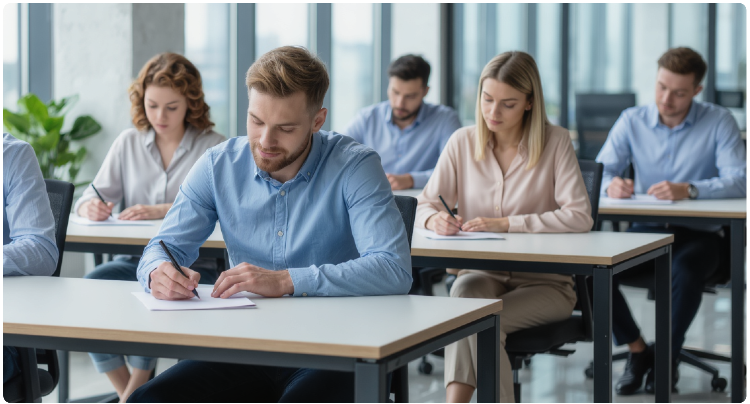 Candidați susținând probele scrise ale examenului de definitivat